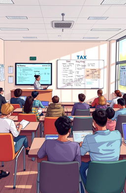 A detailed illustration of a modern classroom setting focused on tax mastery and financial education