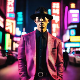 A strikingly handsome Korean man dressed in stylish gangster attire, exhibiting charisma and confidence underneath the city's neon lights