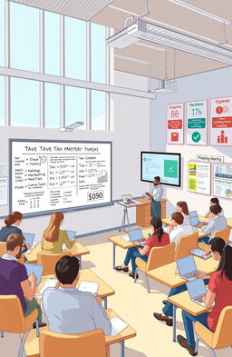 A detailed illustration of a modern classroom setting focused on tax mastery and financial education
