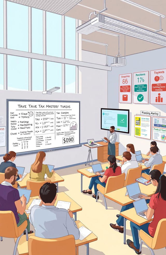 A detailed illustration of a modern classroom setting focused on tax mastery and financial education