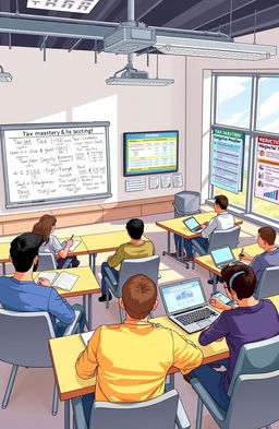 A detailed illustration of a modern classroom setting focused on tax mastery and financial education