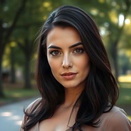 A 35-year-old European woman with dark hair, captivating eyes, and an elegant demeanor