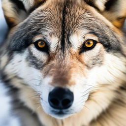 A close-up shot of a solemn wolf, its sharp eyes staring intently at the camera, captured in stunning detail as if in a professional wildlife photoshoot