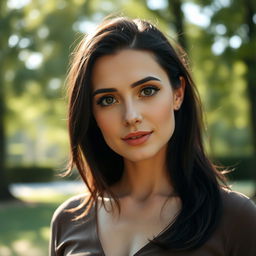 A 35-year-old European woman with dark hair, captivating eyes, and an elegant demeanor