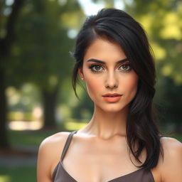 A 35-year-old European woman with dark hair, captivating eyes, and an elegant demeanor