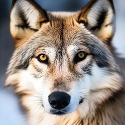 A close-up shot of a solemn wolf, its sharp eyes staring intently at the camera, captured in stunning detail as if in a professional wildlife photoshoot