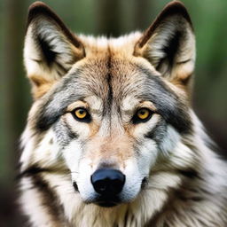 A close-up shot of a solemn wolf, its sharp eyes staring intently at the camera, captured in stunning detail as if in a professional wildlife photoshoot