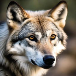 A close-up shot of a solemn wolf, its sharp eyes staring intently at the camera, captured in stunning detail as if in a professional wildlife photoshoot