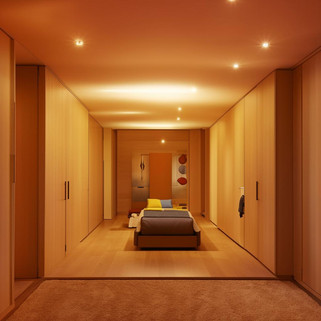 A 25 by 50 room's interior, view from the front showing the neat arrangement of modern furniture, warm lighting and sophisticated color scheme