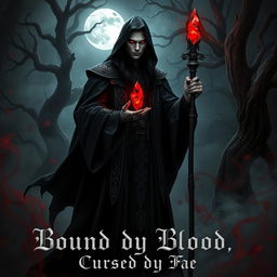 A dark, atmospheric scene featuring a powerful vampire wizard standing in a shadowy forest