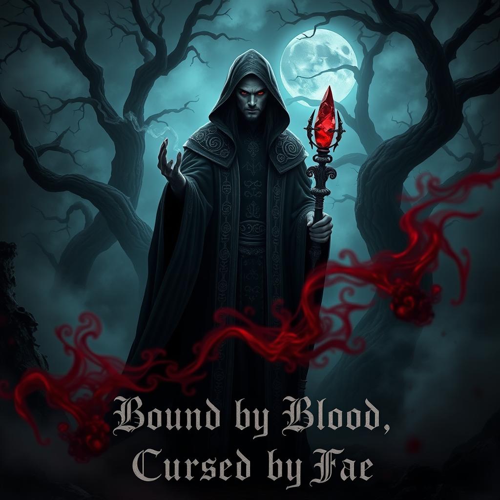 A dark, atmospheric scene featuring a powerful vampire wizard standing in a shadowy forest