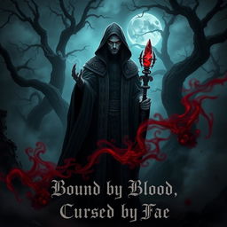 A dark, atmospheric scene featuring a powerful vampire wizard standing in a shadowy forest