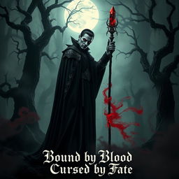 A dark, atmospheric scene featuring a powerful vampire wizard standing in a shadowy forest