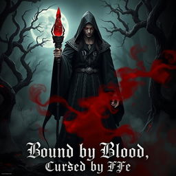 A dark, atmospheric scene featuring a powerful vampire wizard standing in a shadowy forest