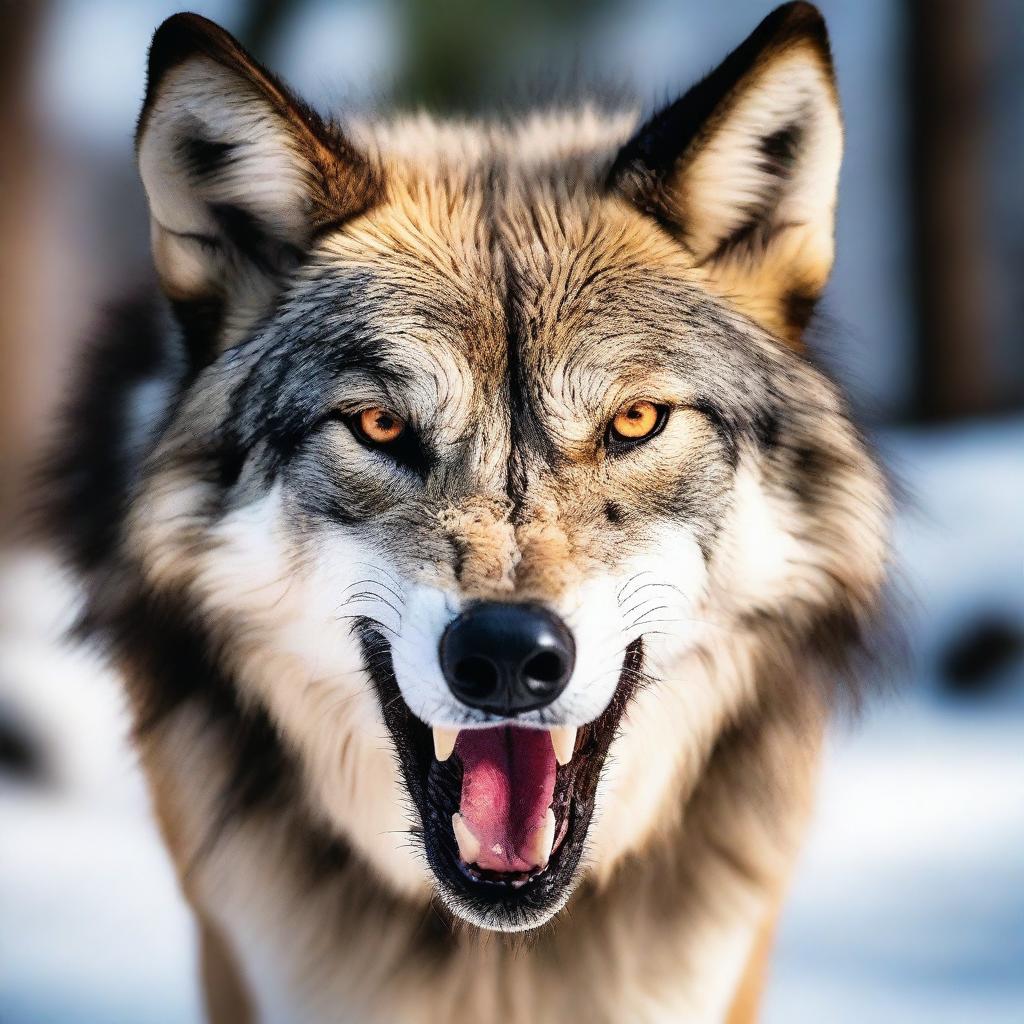 A dramatic close-up of an angered wolf, teeth bared and eyes ablaze, embodying raw wilderness and primal power, as if taken on a professional wildlife photoshoot