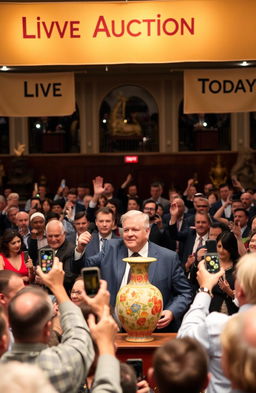 A lively American auction scene in a grand hall, featuring a diverse group of enthusiastic bidders raising their paddles, all dressed in business casual attire