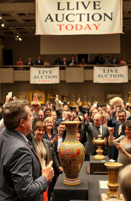 A lively American auction scene in a grand hall, featuring a diverse group of enthusiastic bidders raising their paddles, all dressed in business casual attire