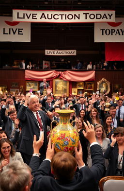 A lively American auction scene in a grand hall, featuring a diverse group of enthusiastic bidders raising their paddles, all dressed in business casual attire