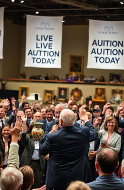 A lively American auction scene in a grand hall, featuring a diverse group of enthusiastic bidders raising their paddles, all dressed in business casual attire
