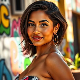 A 35-year-old Latina woman with dark hair, beautiful olive skin, and vibrant features