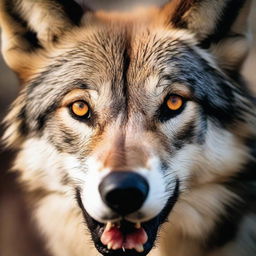 A dramatic close-up of an angered wolf, teeth bared and eyes ablaze, embodying raw wilderness and primal power, as if taken on a professional wildlife photoshoot