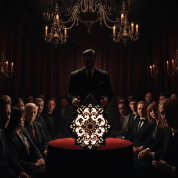 A dark-themed American auction scene set in an atmospheric, dimly-lit hall