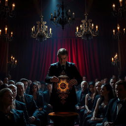 A dark-themed American auction scene set in an atmospheric, dimly-lit hall