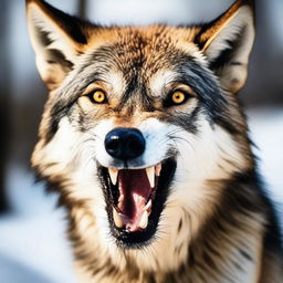 A dramatic close-up of an angered wolf, teeth bared and eyes ablaze, embodying raw wilderness and primal power, as if taken on a professional wildlife photoshoot