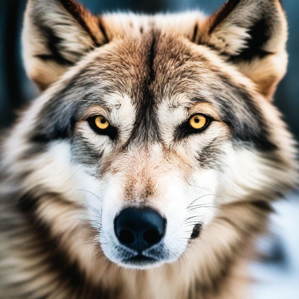 An intense close-up, professional photoshoot capturing an aggressive wolf