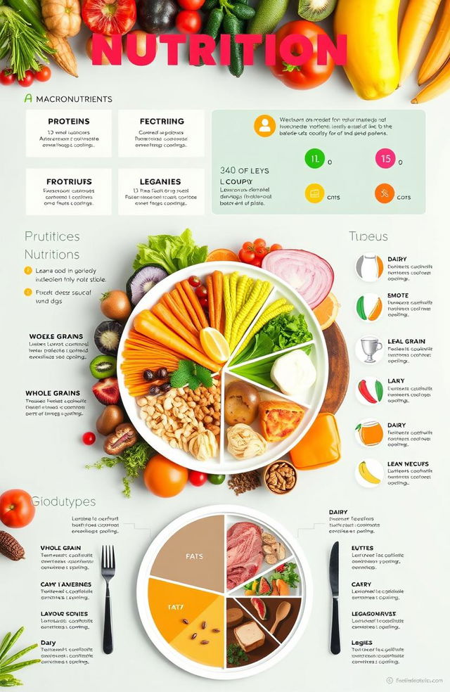 An informative and visually appealing infographic about nutrition, featuring vibrant fruits and vegetables arranged aesthetically