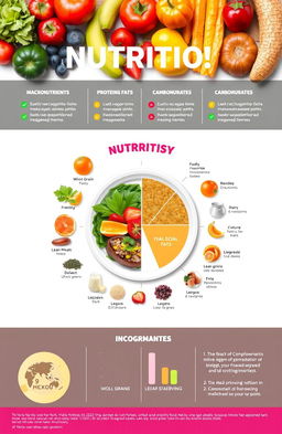 An informative and visually appealing infographic about nutrition, featuring vibrant fruits and vegetables arranged aesthetically