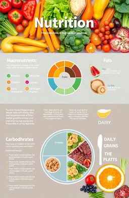 An informative and visually appealing infographic about nutrition, featuring vibrant fruits and vegetables arranged aesthetically