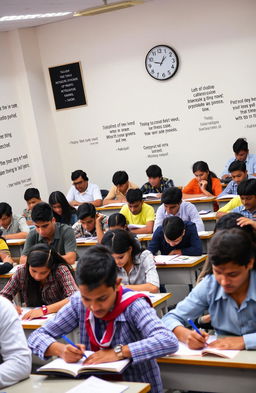 A dynamic scene of a competitive exam setting, with a diverse group of students intensely focused on their exams