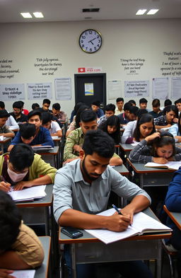 A dynamic scene of a competitive exam setting, with a diverse group of students intensely focused on their exams