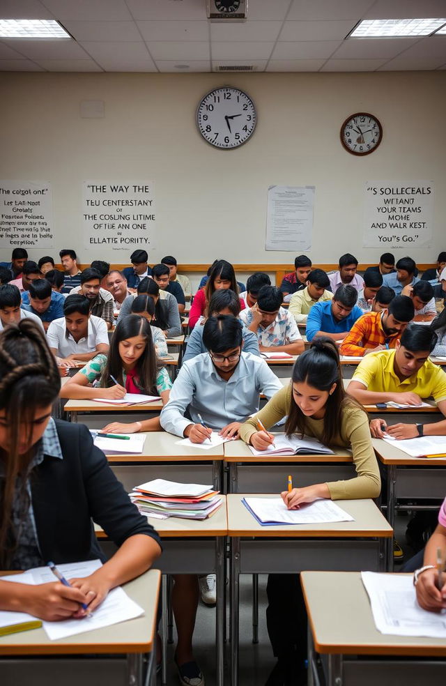 A dynamic scene of a competitive exam setting, with a diverse group of students intensely focused on their exams