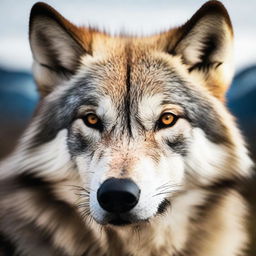 An intense close-up, professional photoshoot capturing an aggressive wolf