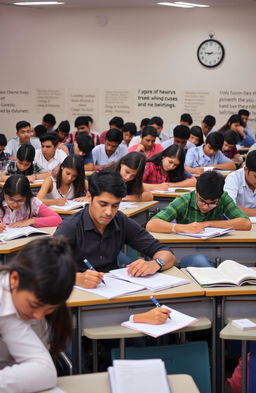 A dynamic scene of a competitive exam setting, with a diverse group of students intensely focused on their exams