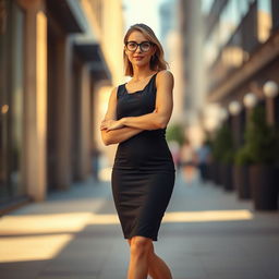 A full-length portrait of an adult woman confidently posing in a stylish dress and elegant heels