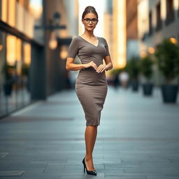 A full-length portrait of an adult woman confidently posing in a stylish dress and elegant heels