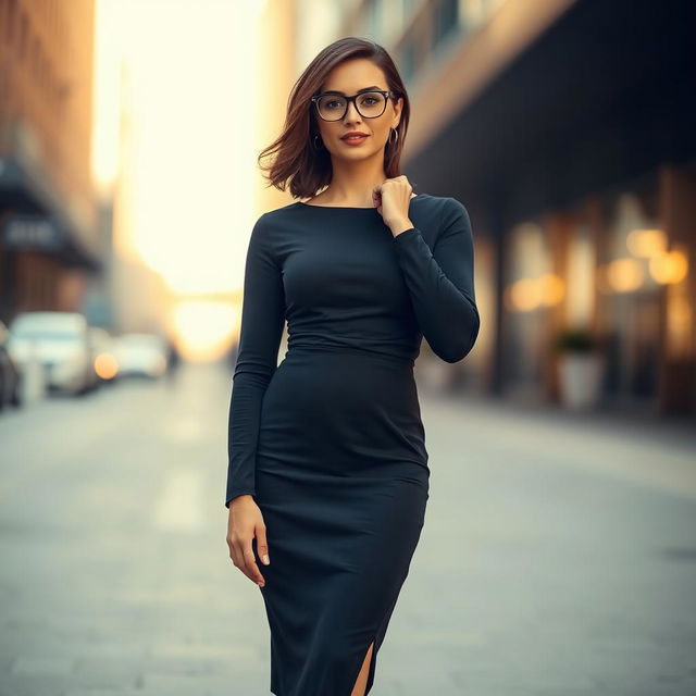 A full-length portrait of an adult woman confidently posing in a stylish dress and elegant heels