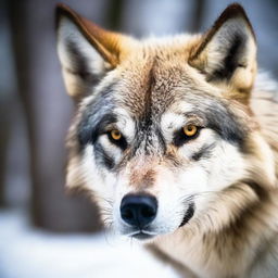 An intense close-up, professional photoshoot capturing an aggressive wolf