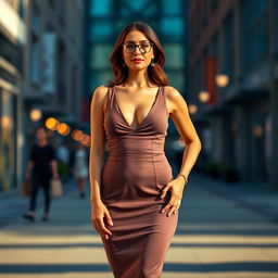 A full-length portrait of an adult woman confidently posing in a chic dress with a deep neckline that elegantly showcases her curves