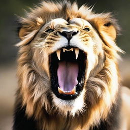 A staggering close-up of an irate lion roaring fiercely, its mane echoing the wild energy, captured as if in a high-end, professional wildlife photoshoot