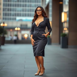 A full-length portrait of an adult woman confidently posing in a stylish dress with a deep décolleté that accentuates her ample bust