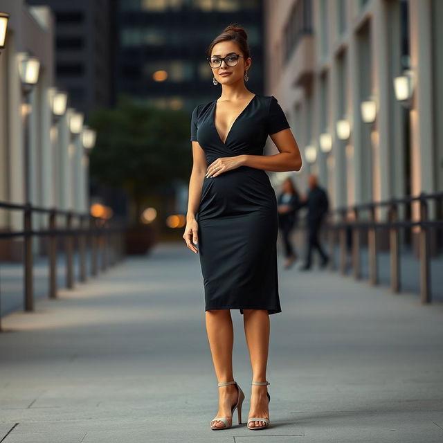 A full-length portrait of an adult woman confidently posing in a stylish dress with a deep décolleté that accentuates her ample bust