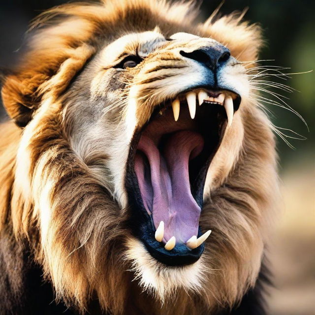 A staggering close-up of an irate lion roaring fiercely, its mane echoing the wild energy, captured as if in a high-end, professional wildlife photoshoot