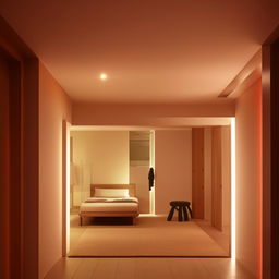 A 25 by 50 room's interior, view from the front showing the neat arrangement of modern furniture, warm lighting and sophisticated color scheme