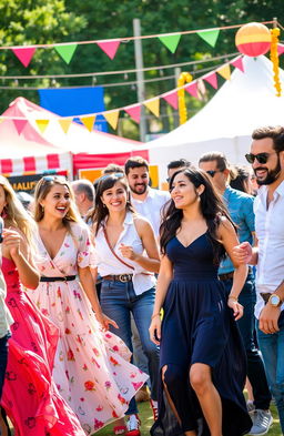 A vibrant and energetic scene featuring a diverse group of men and women engaged in an outdoor festival