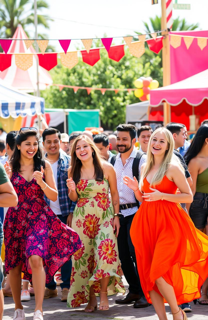 A vibrant and energetic scene featuring a diverse group of men and women engaged in an outdoor festival