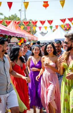 A vibrant and energetic scene featuring a diverse group of men and women engaged in an outdoor festival